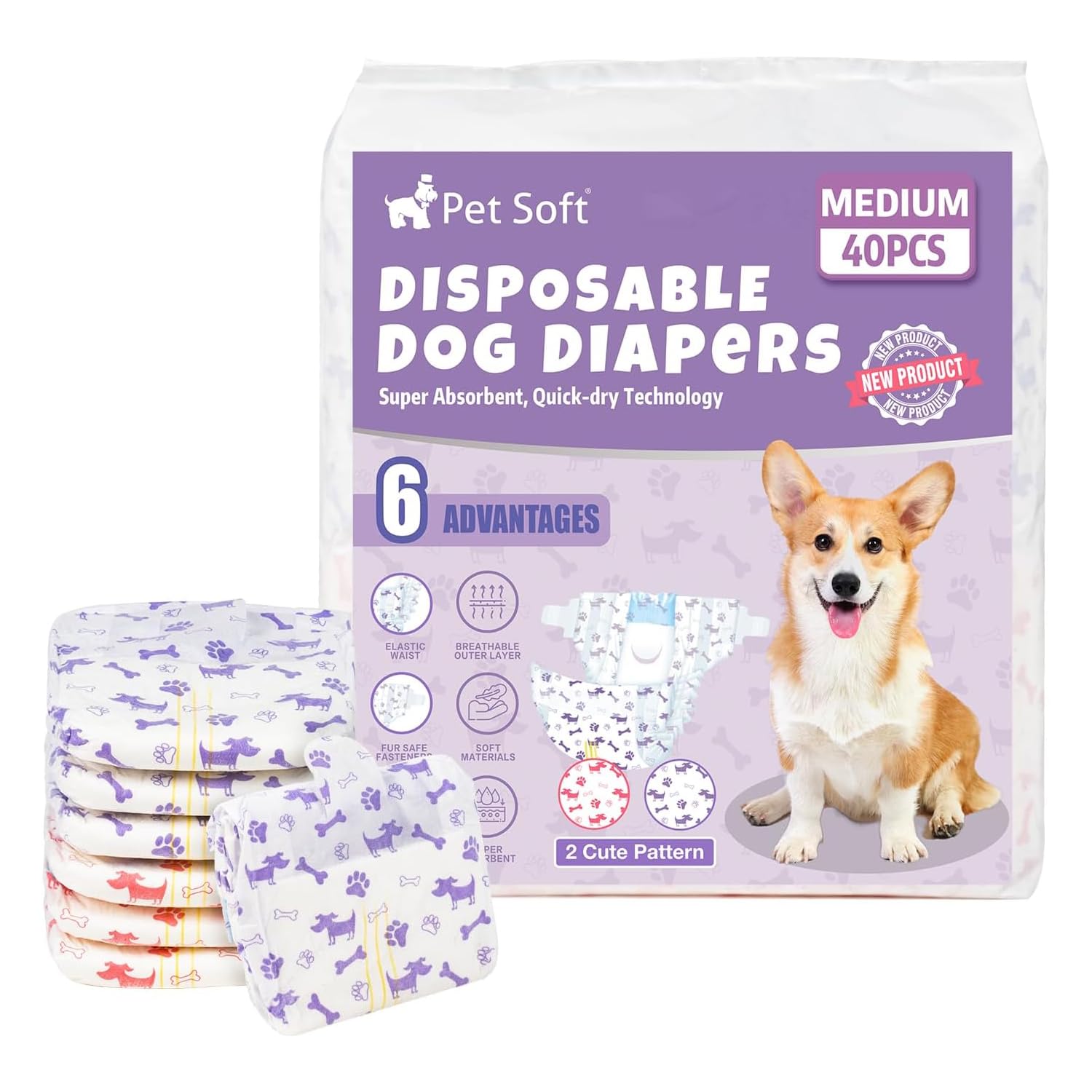 Pet Soft pañales para perros, ajuste medio para razas medianas.