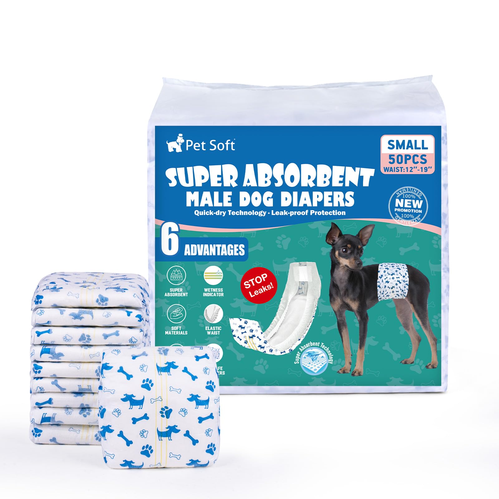 Pañales Pet Soft para perros macho con indicador de humedad para saber cuándo cambiar.