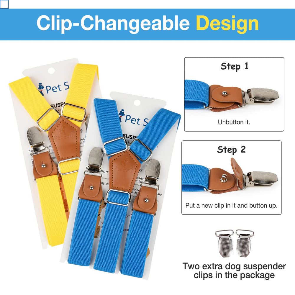 Suspensores Pet Soft colores dorado y azul para combinar con ropa del perro.