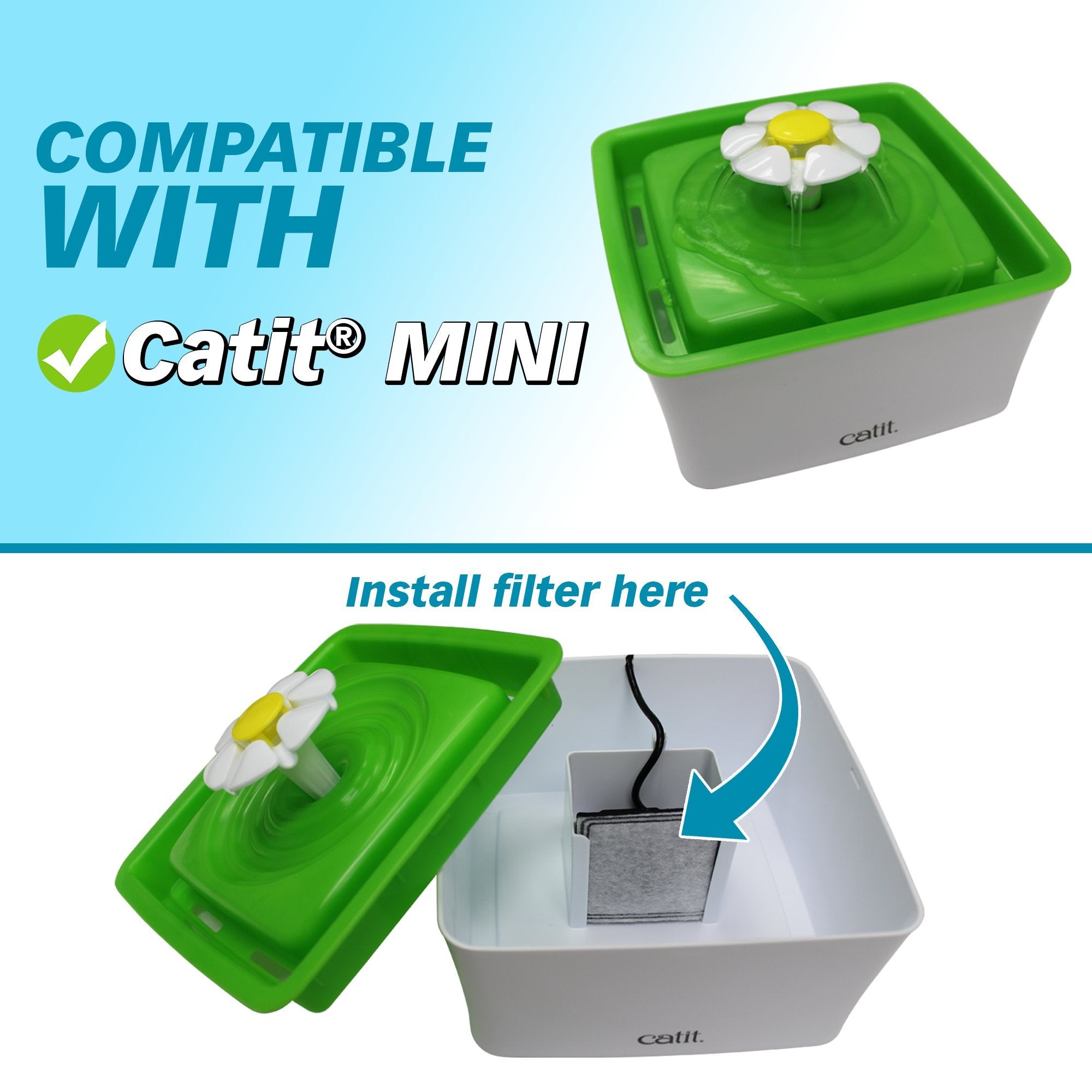 PET STANDARD filtros Catit MINI, detalle de reemplazo cada 2 a 4 semanas para agua fresca.