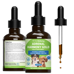 Pet Wellbeing Adrenal Harmony Gold: botella de 2 oz para perros, uso diario.