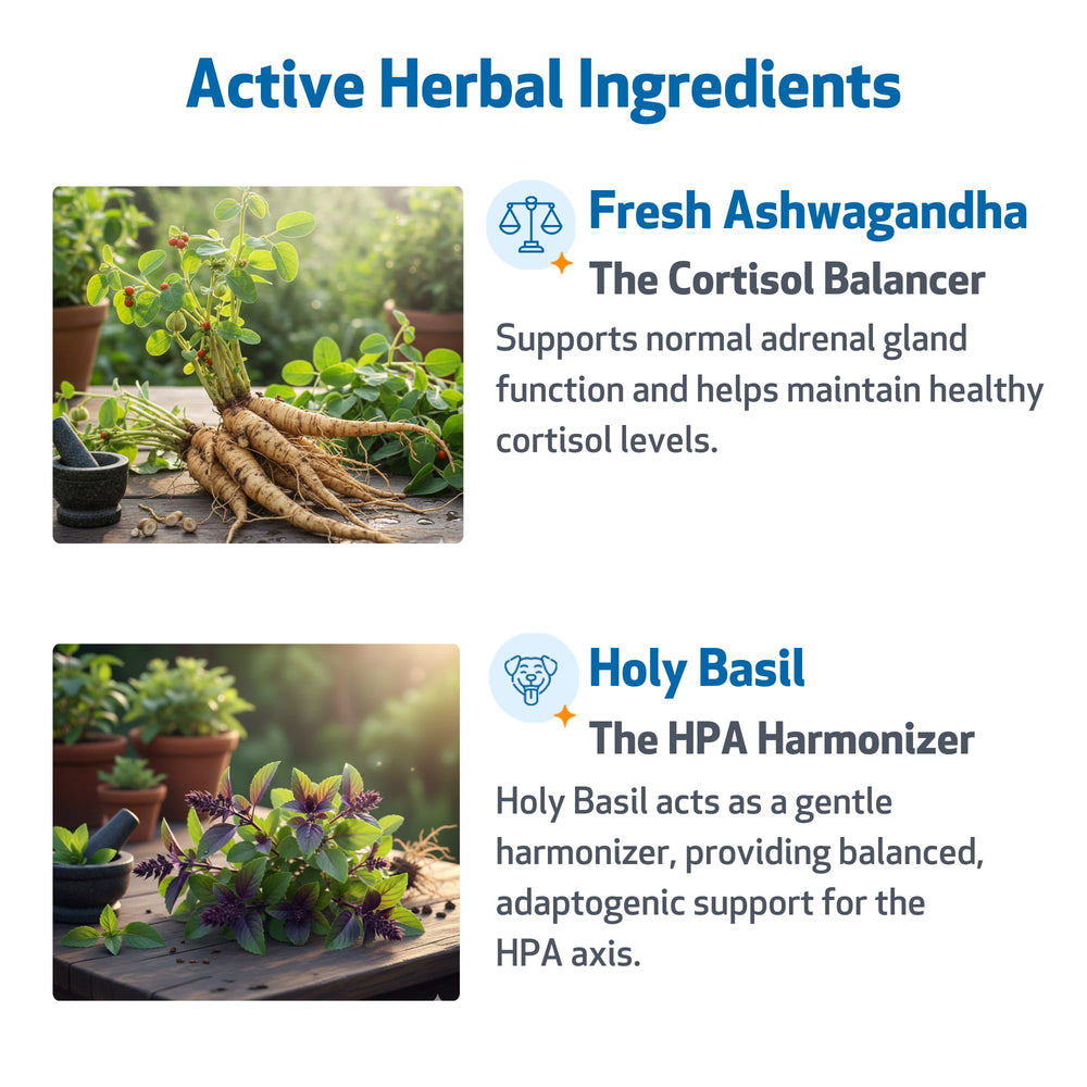 Pet Wellbeing Adrenal Harmony Gold: etiqueta clara con indicaciones de uso diario.