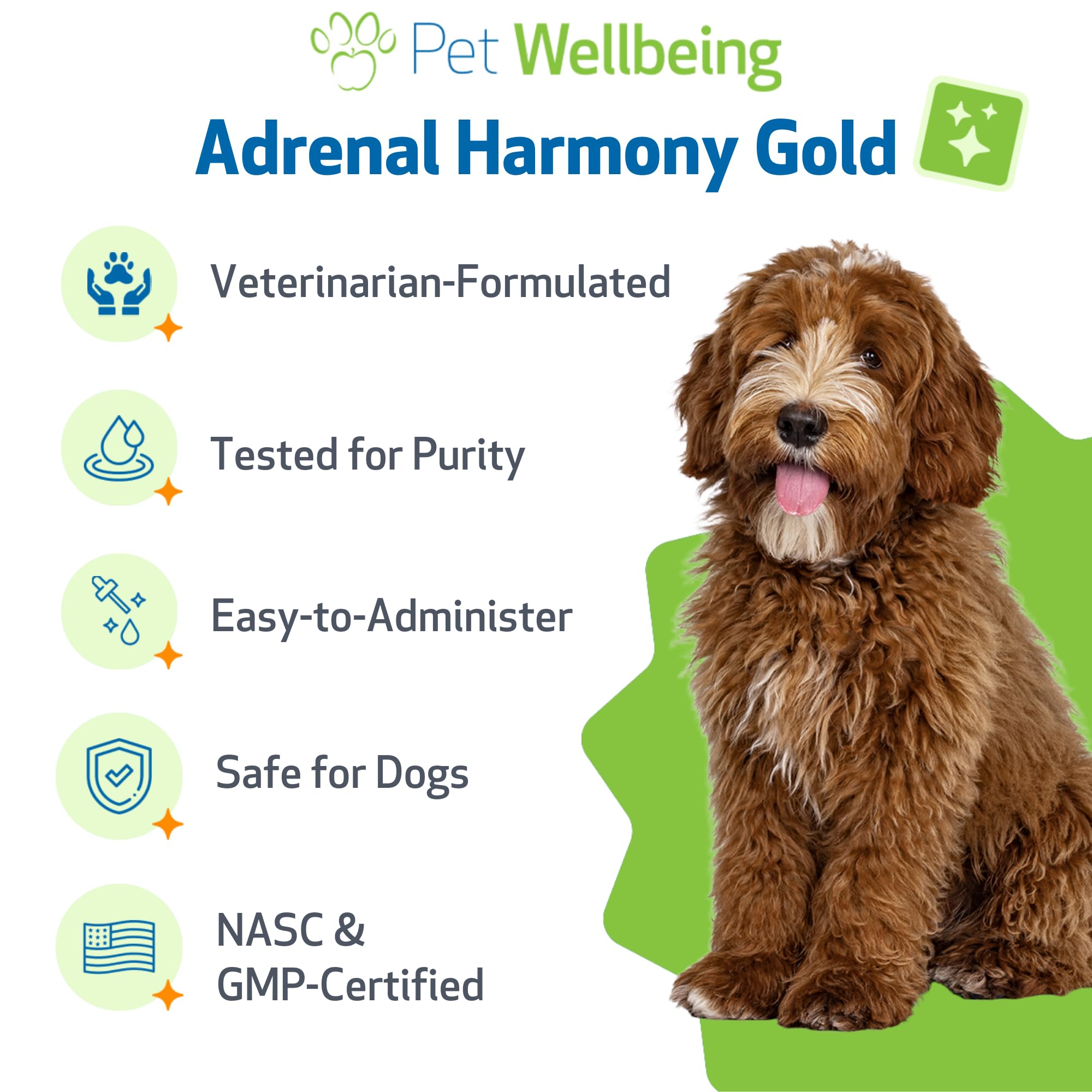 Pet Wellbeing Adrenal Harmony Gold: ingredientes naturales como ashwagandha y bacopa en la fórmula.