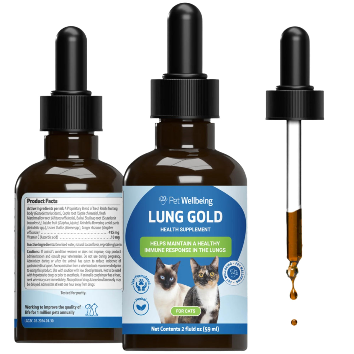 Pet Wellbeing Lung Gold con gotero para administrar dosis diaria y facilitar la respiración