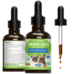 Pet Wellbeing Respir-Gold botella para perros, soporte respiratorio suave.