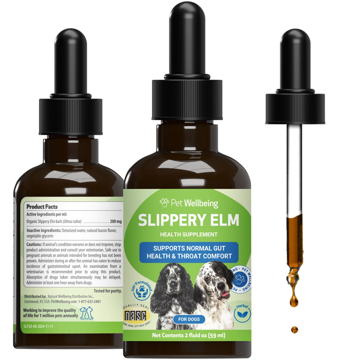 Pet Wellbeing Slippery Elm para perros, botella de 2 oz lista para dosis suave.