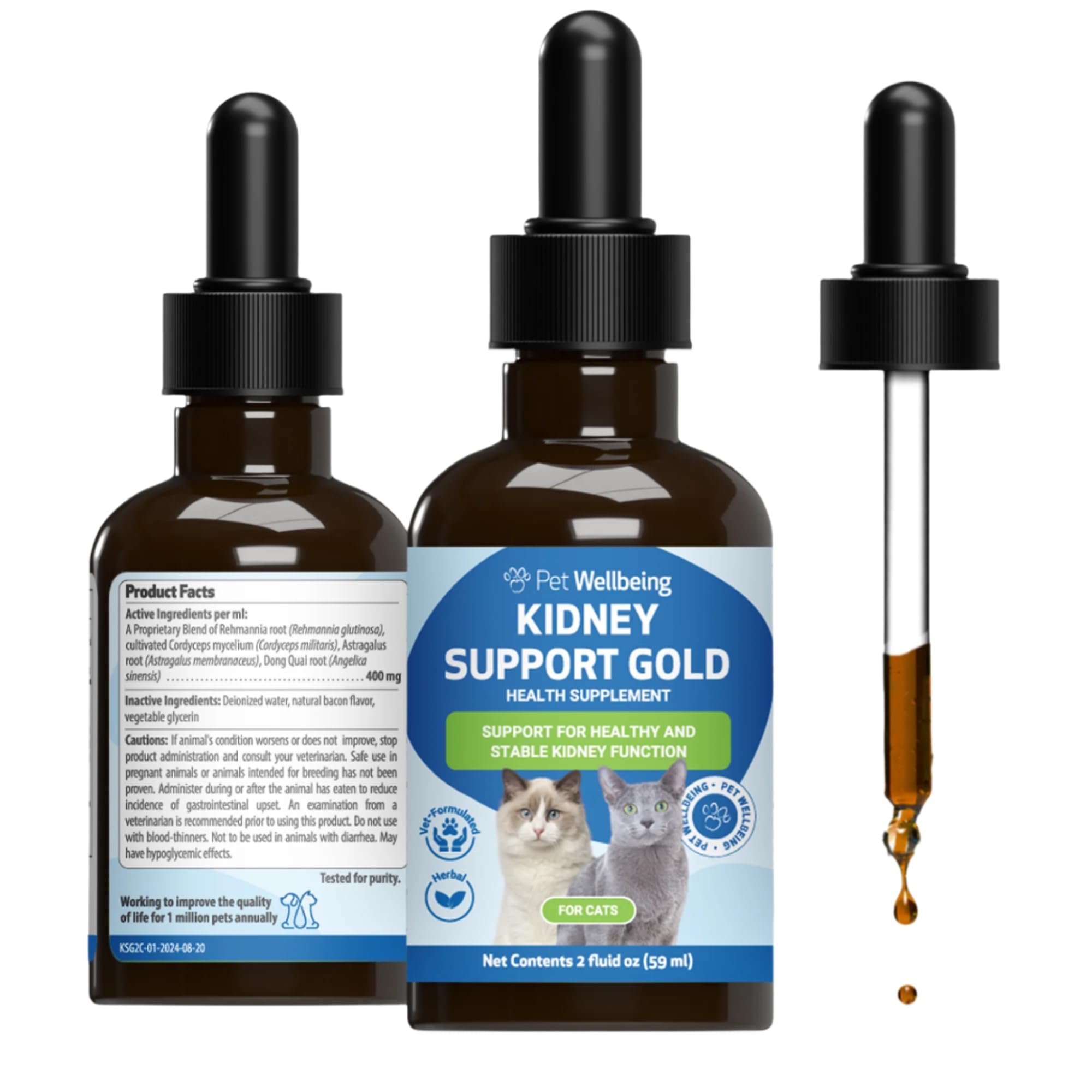 Pet Wellbeing Kidney Support Gold: botella para gato con dosificación fácil.