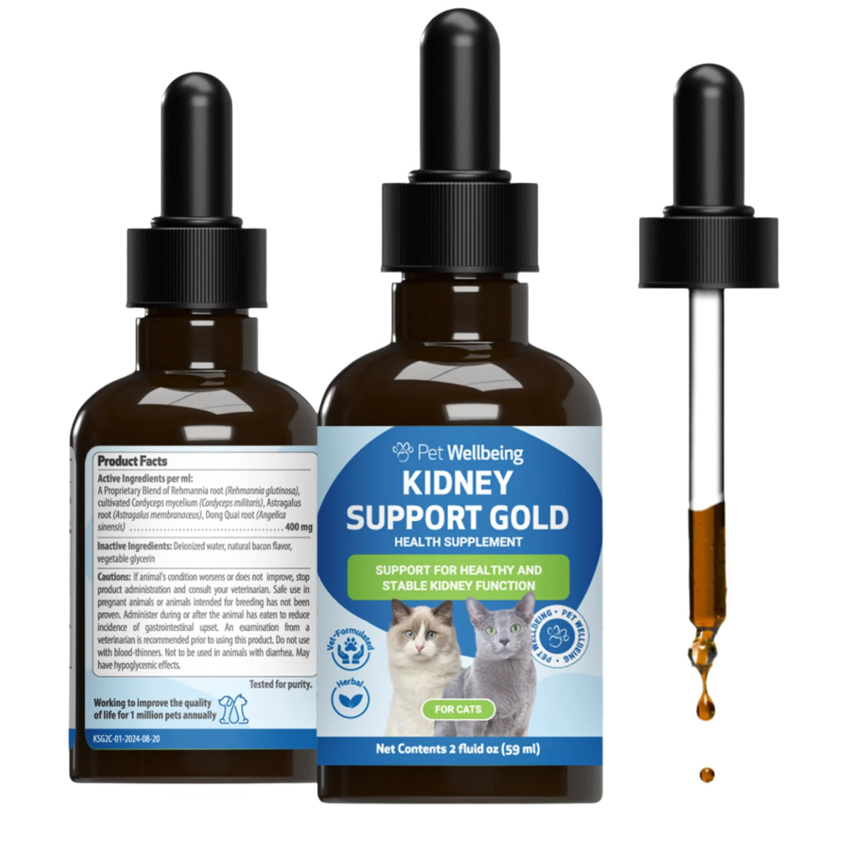 Pet Wellbeing Kidney Support Gold: botella para gato con dosificación fácil.