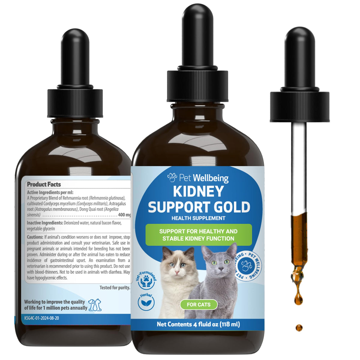 Pet Wellbeing Soporte Renal Oro: frasco para administración diaria y soporte renal suave en gatos.