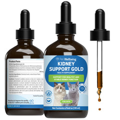 Pet Wellbeing Soporte Renal Oro: frasco para administración diaria y soporte renal suave en gatos.