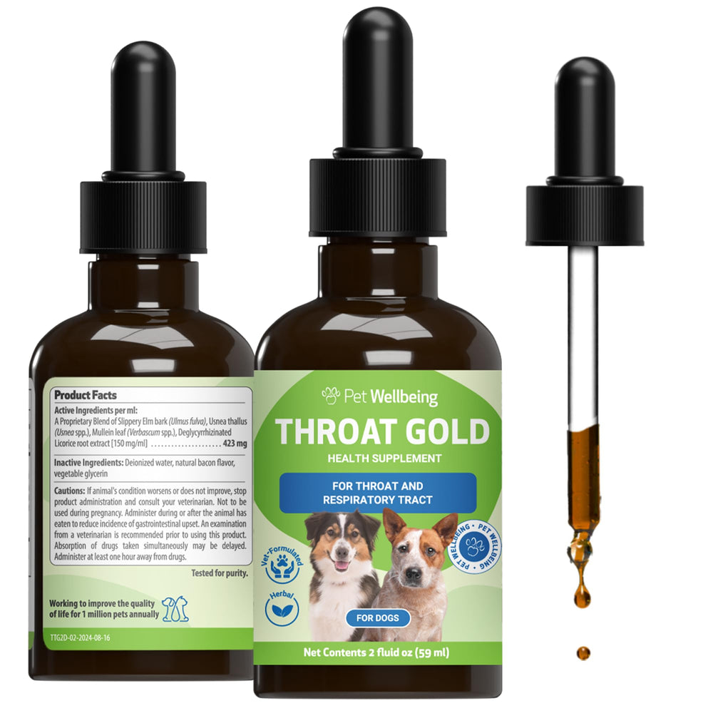 Pet Wellbeing Throat Gold, botella de 2 oz para apoyo de la garganta del perro.