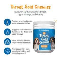Pet Wellbeing Throat Gold Chewies: empaque botella, fácil almacenamiento y administración diaria