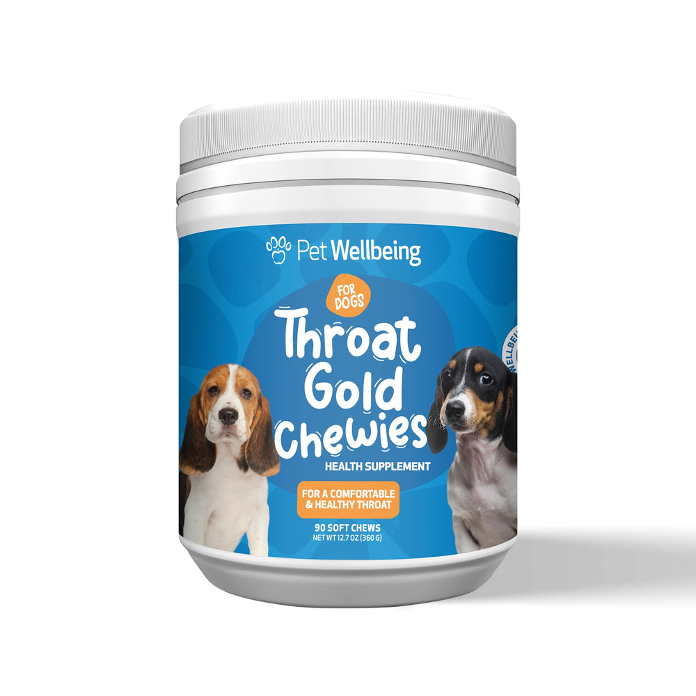 Pet Wellbeing Throat Gold Chewies: perro mordiendo, sabor agradable y apoyo suave para la garganta