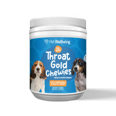 Pet Wellbeing Throat Gold Chewies: perro mordiendo, sabor agradable y apoyo suave para la garganta