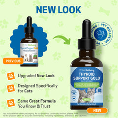 Pet Wellbeing Thyroid Support Gold frasco lleno, muestra etiqueta clara para identificar el producto.