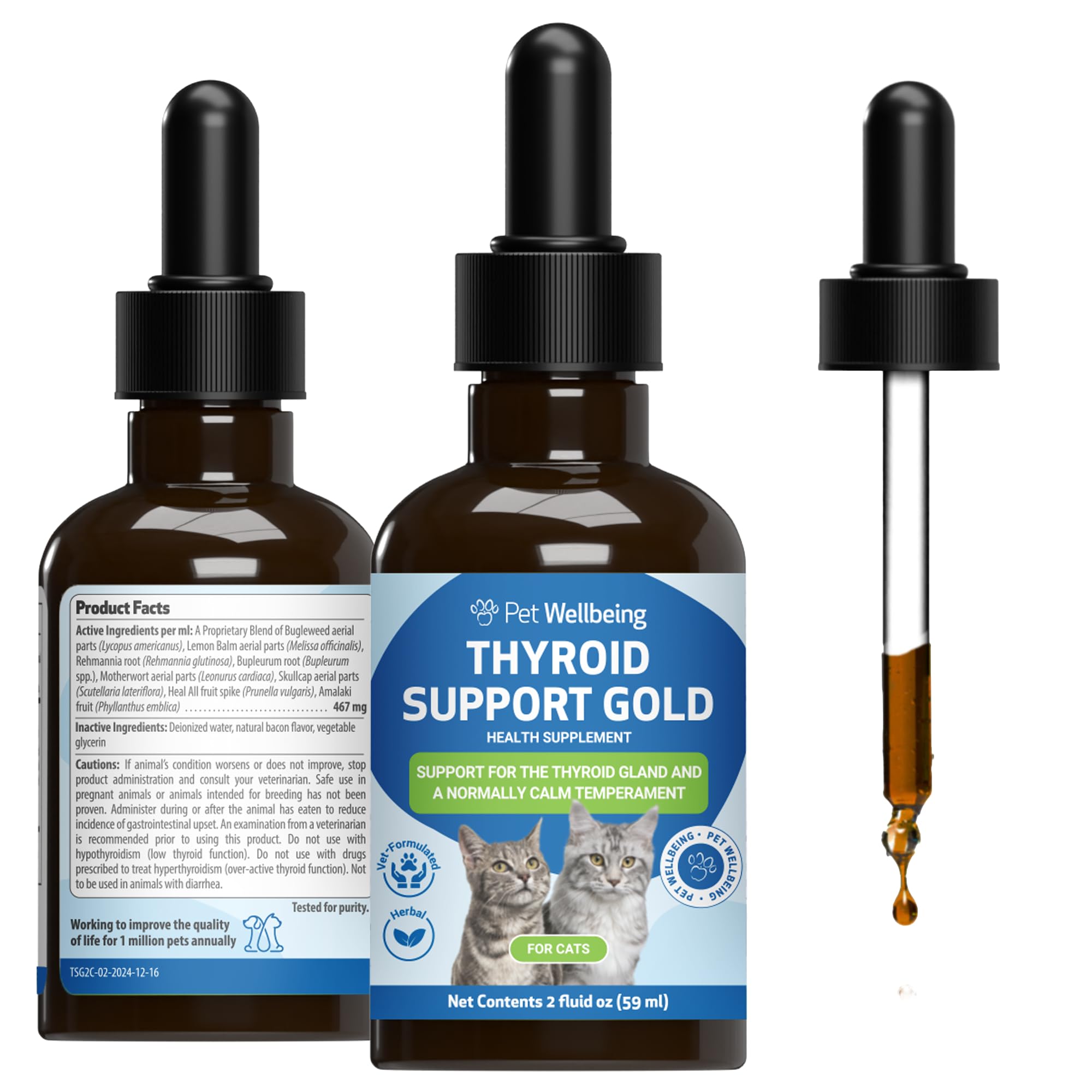 Pet Wellbeing Thyroid Support Gold frasco vertido, facilita la administración suave.