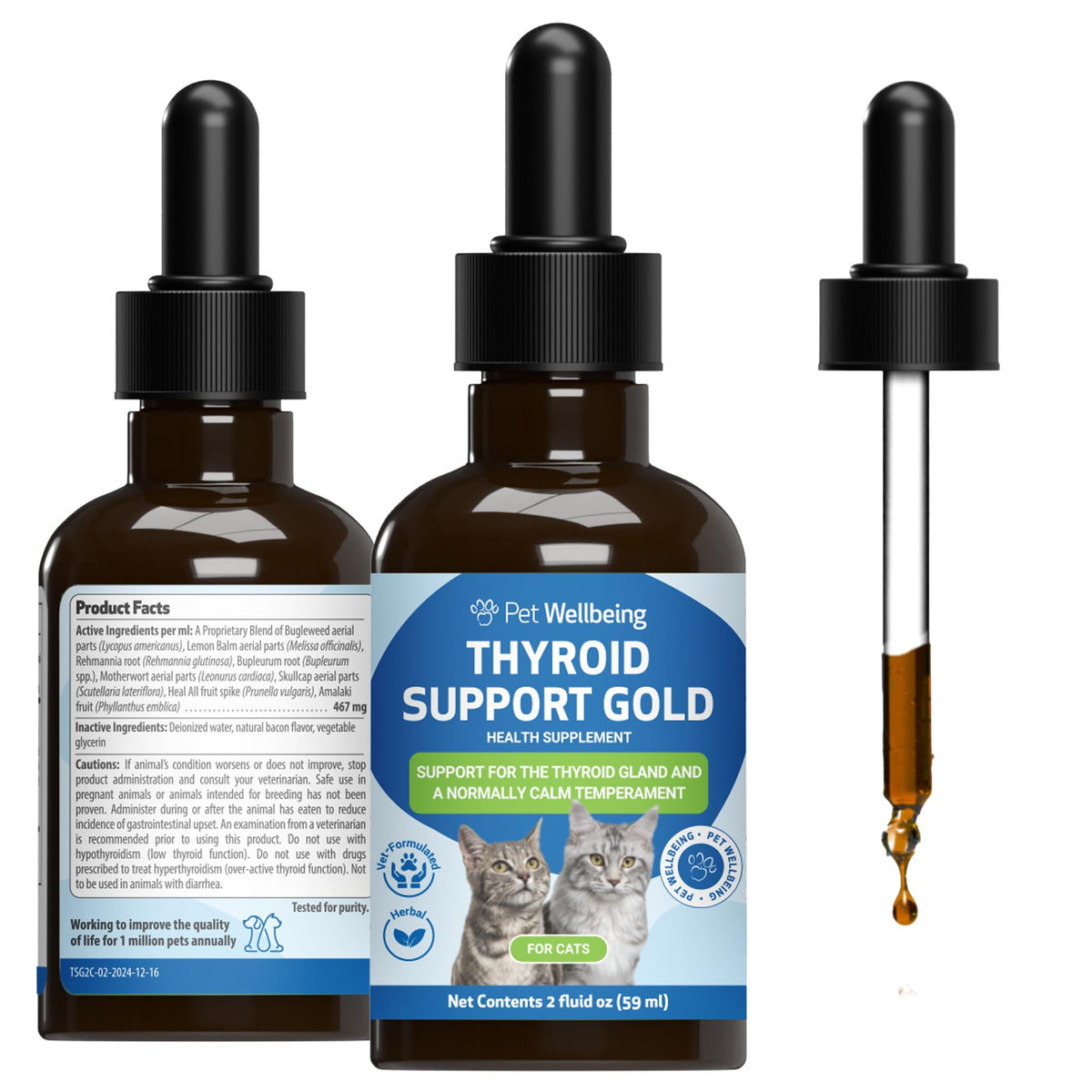Pet Wellbeing Thyroid Support Gold frasco vertido, facilita la administración suave.