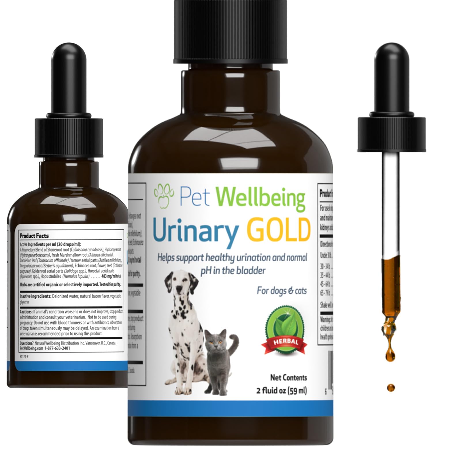 Pet Wellbeing Urinary Gold frasco 2oz para apoyo urinario suave en gatos.