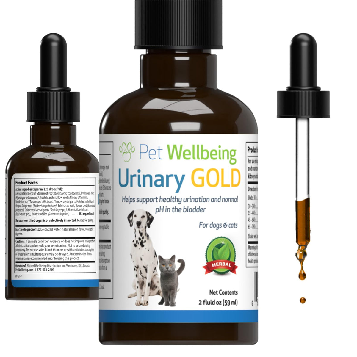 Pet Wellbeing Urinary Gold frasco 2oz para apoyo urinario suave en gatos.