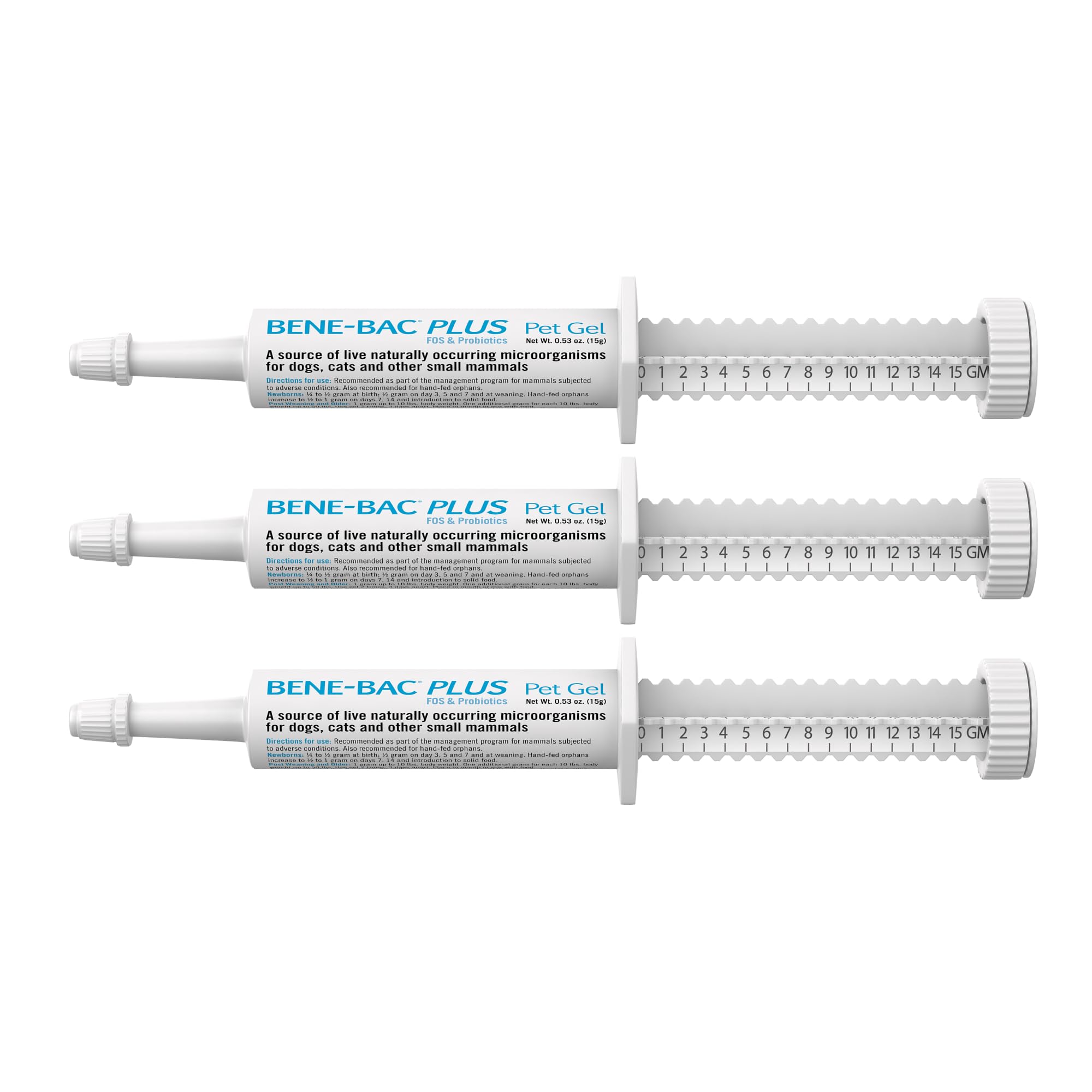 PetAg Bene-Bac Plus Gel en jeringa de 15 g para apoyo digestivo.