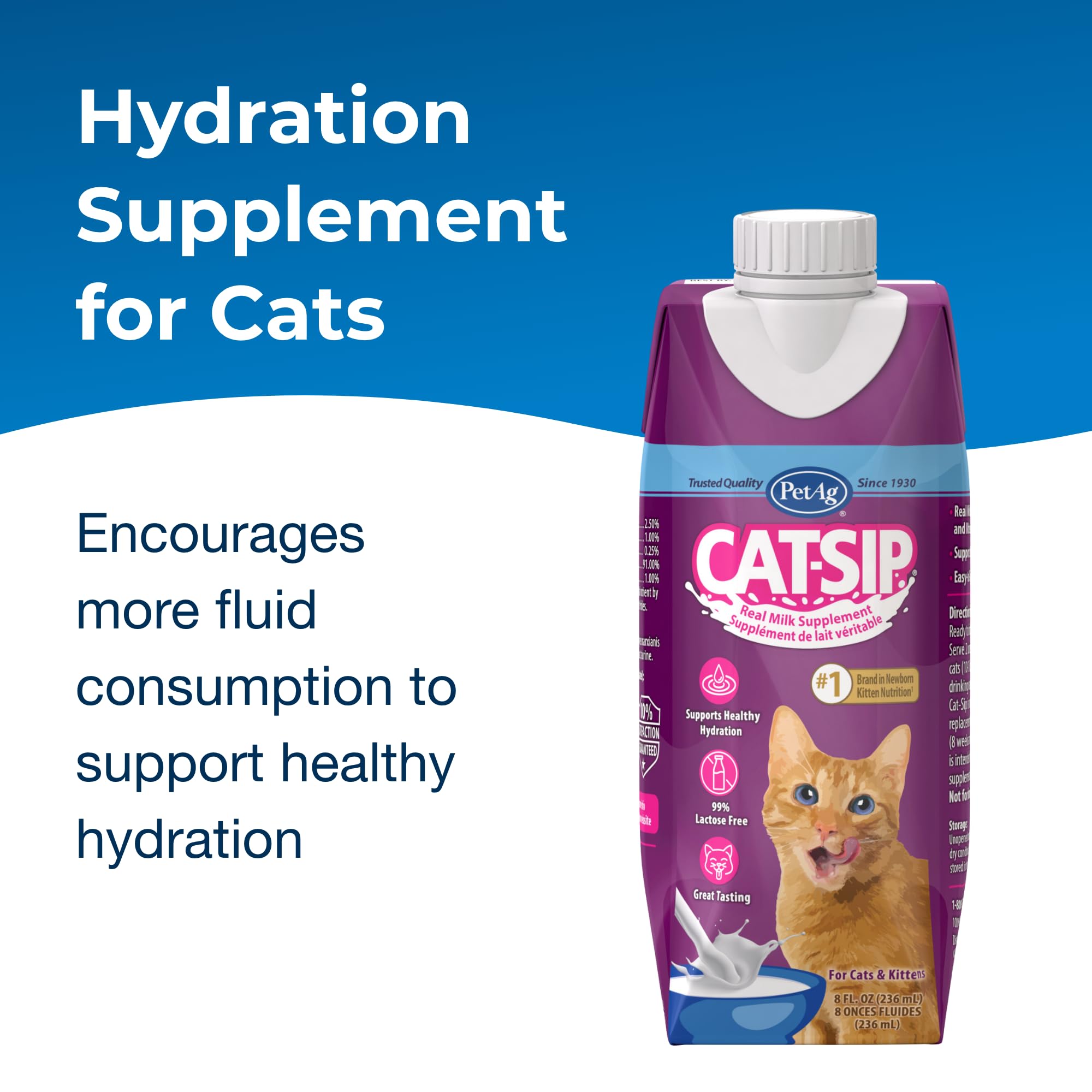PetAg Cat-Sip envase Tetrapak portátil para uso diario en casa.