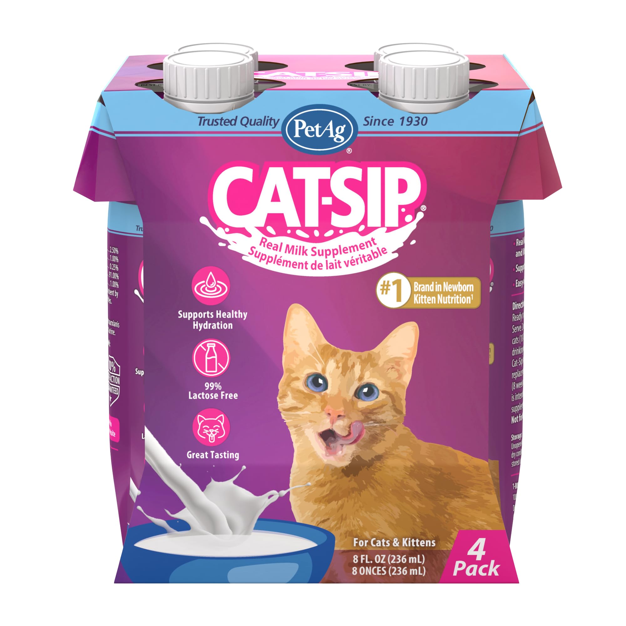 PetAg Cat-Sip leche real 8 oz, frente del envase, ideal para hidratar gatos.