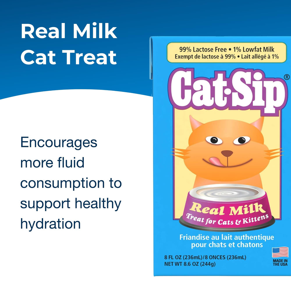 PetAg Cat-Sip para gatos y gatitos, leche lista para servir, potenciando hidratación y digestión suave.