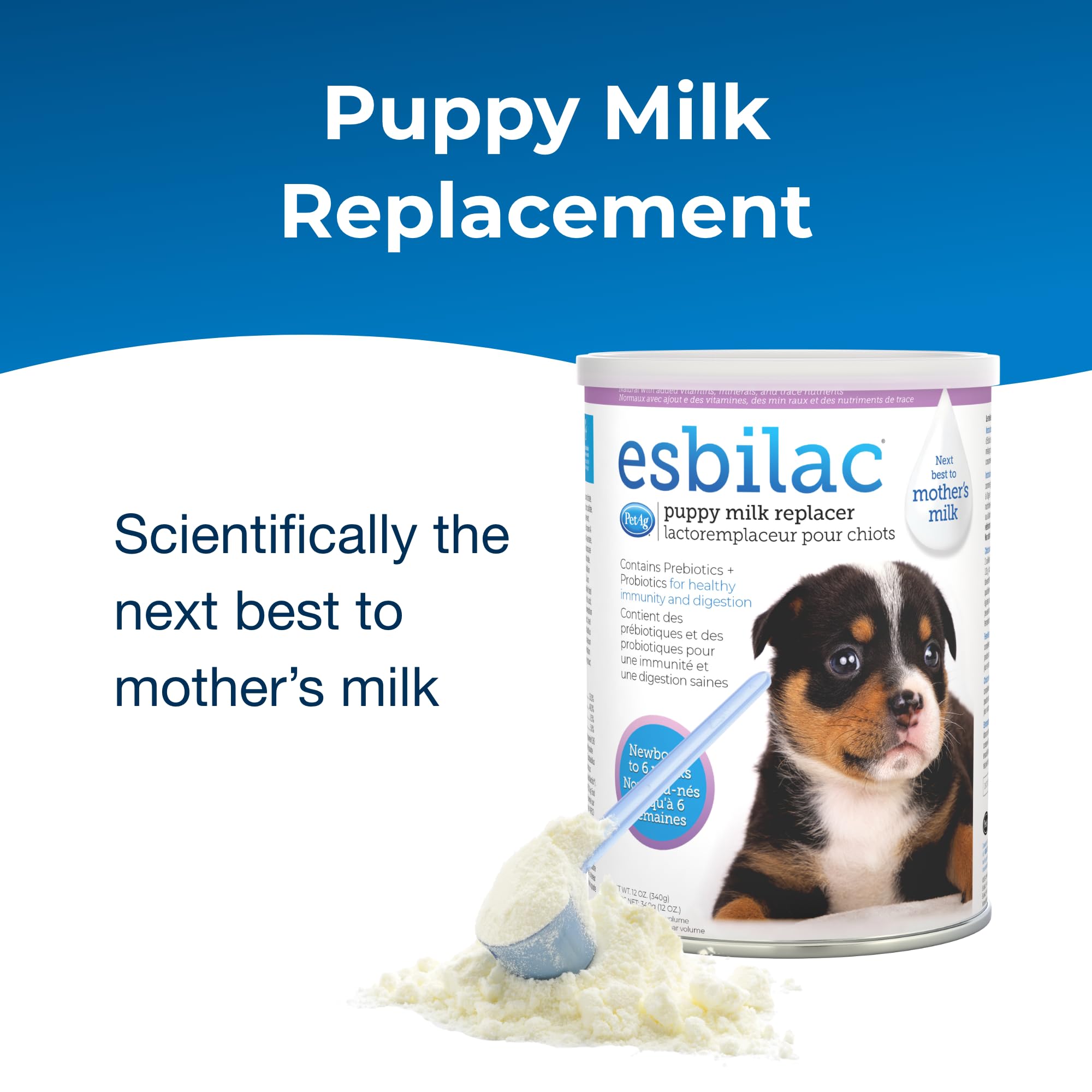 Mezcla suave de Esbilac en taza con agua tibia para alimentar cachorros.