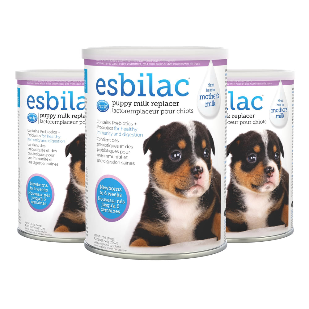Esbilac de PetAg, paquete tres, ideal para apoyar la nutrición de cachorros recién nacidos.