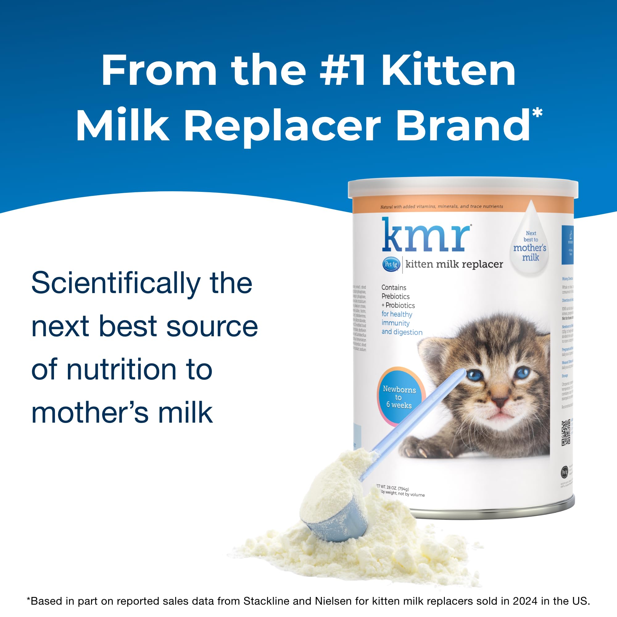 PetAg KMR, preparación con agua tibia, fácil de mezclar para gatitos.