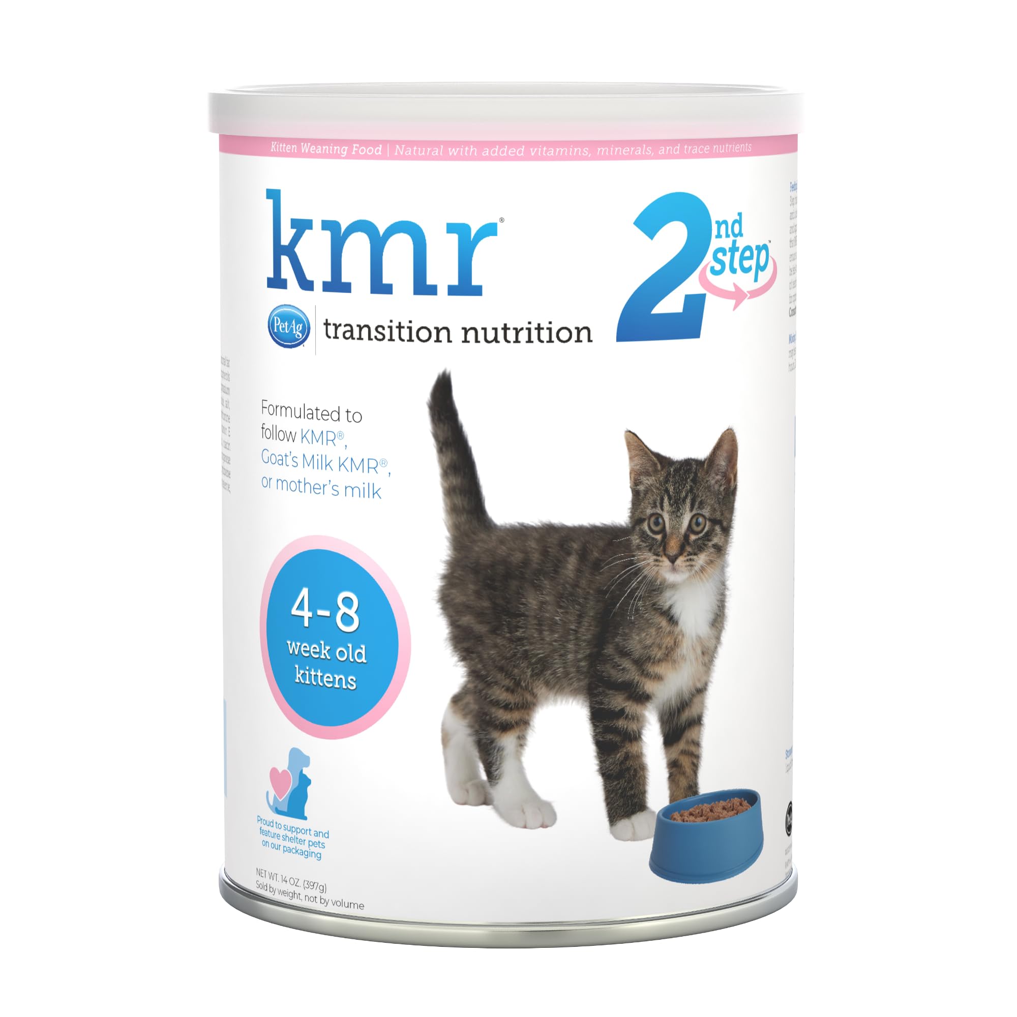 PetAg KMR segundo paso en pote para destete suave de gatitos.