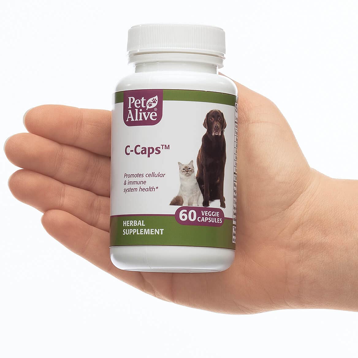 PetAlive C-Caps etiqueta clara, ingredientes naturales sin aditivos.