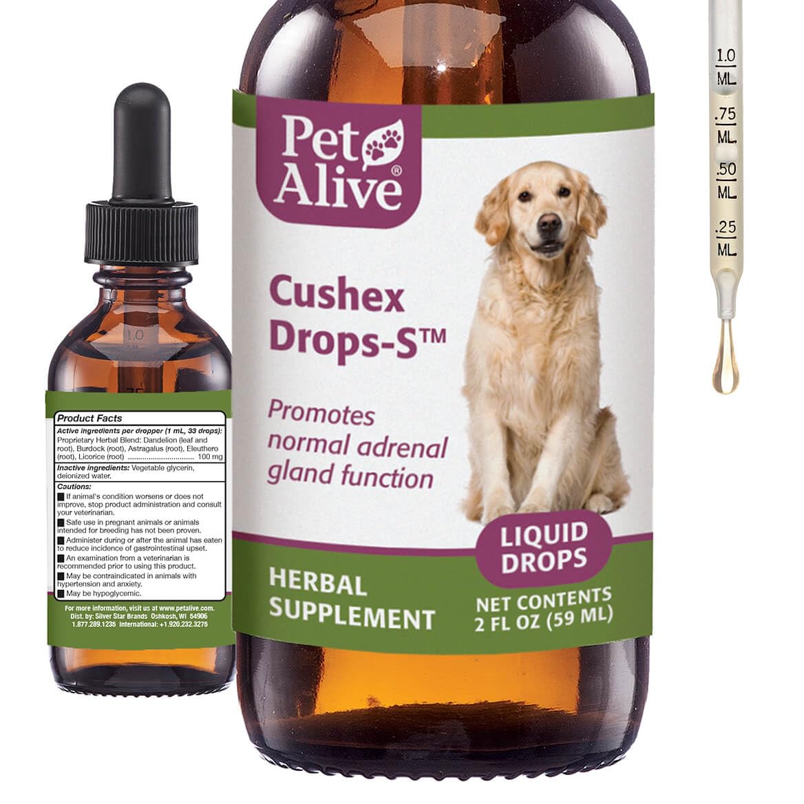 PetAlive Cushex Drops-S: botella frontal de 59 ml para equilibrio endocrino suave