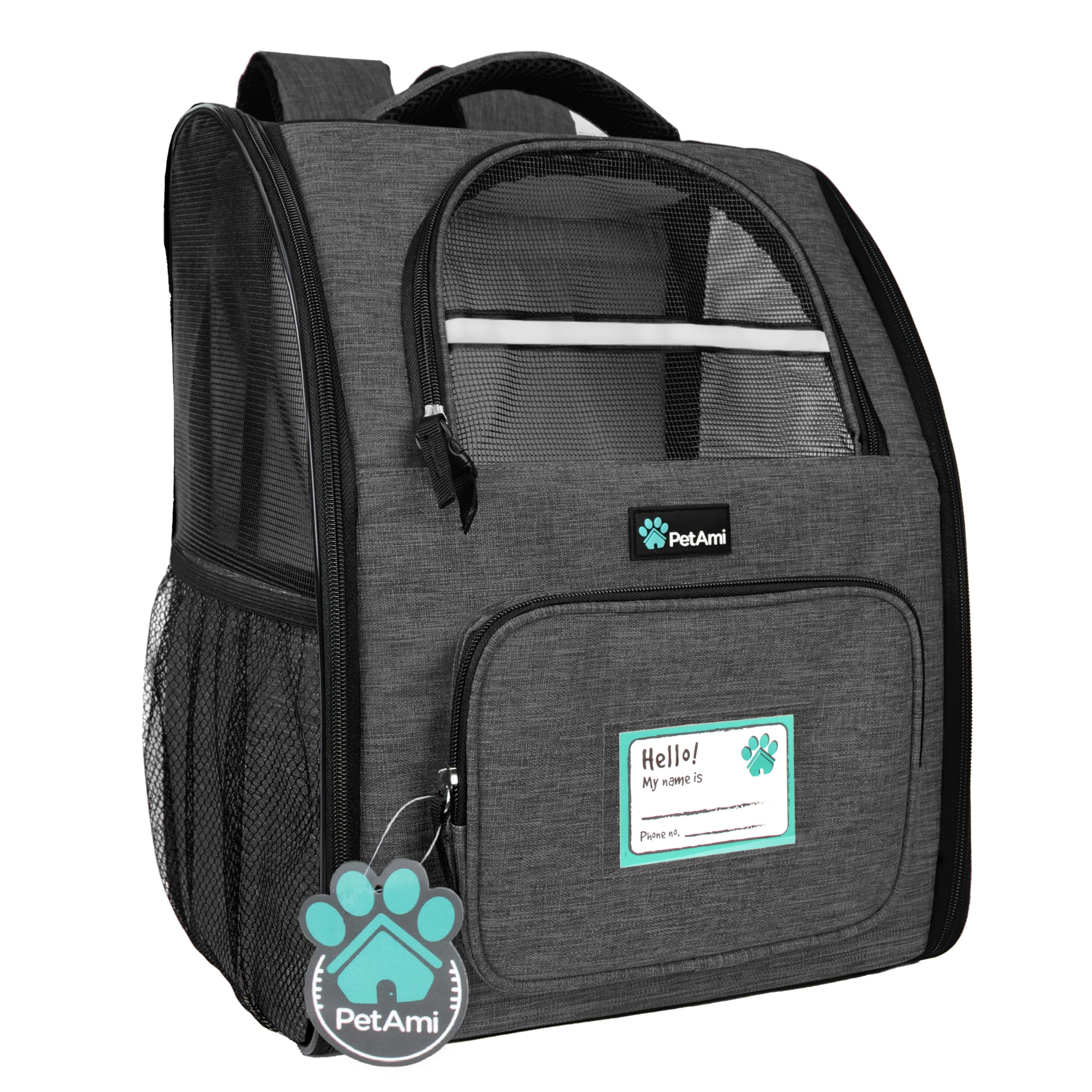 PetAmi mochila portamascotas ventilada con entrada lateral para mayor comodidad.