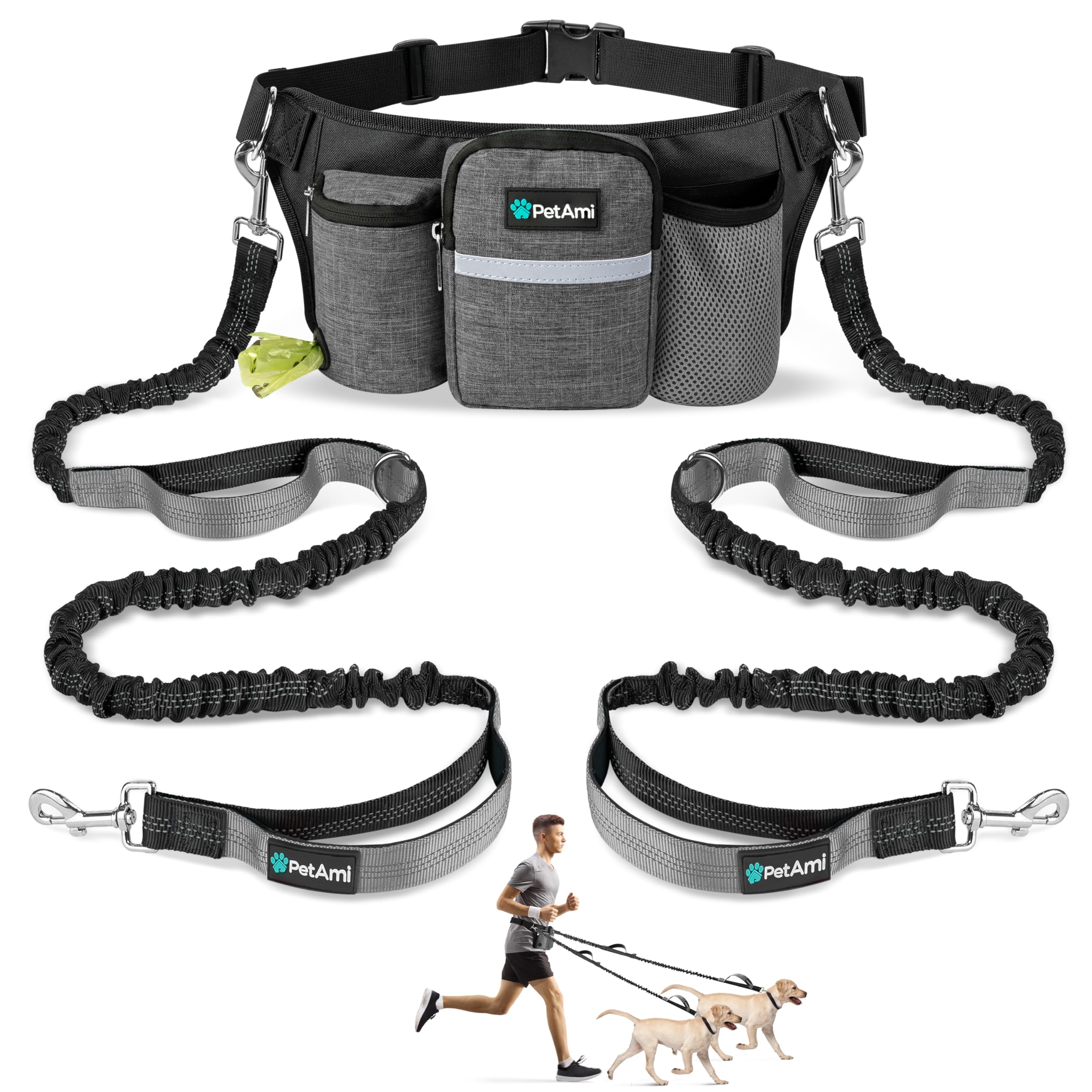 PetAmi Premium Correa Manos Libres para Dos Perros, ajuste de cintura para pasear