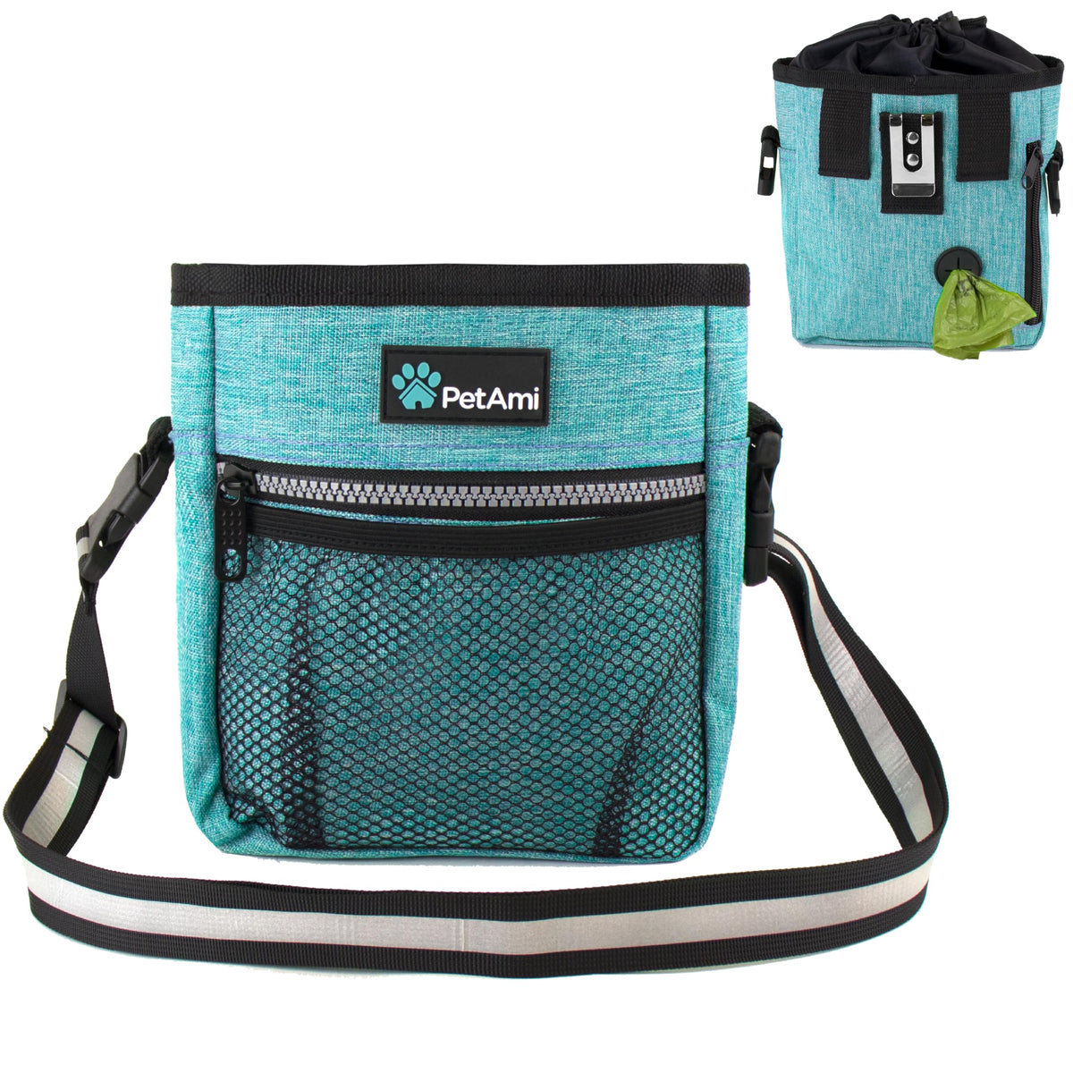PetAmi sac d'entraînement chien ouvert: grand compartiment pratique pour friandises et jouets.