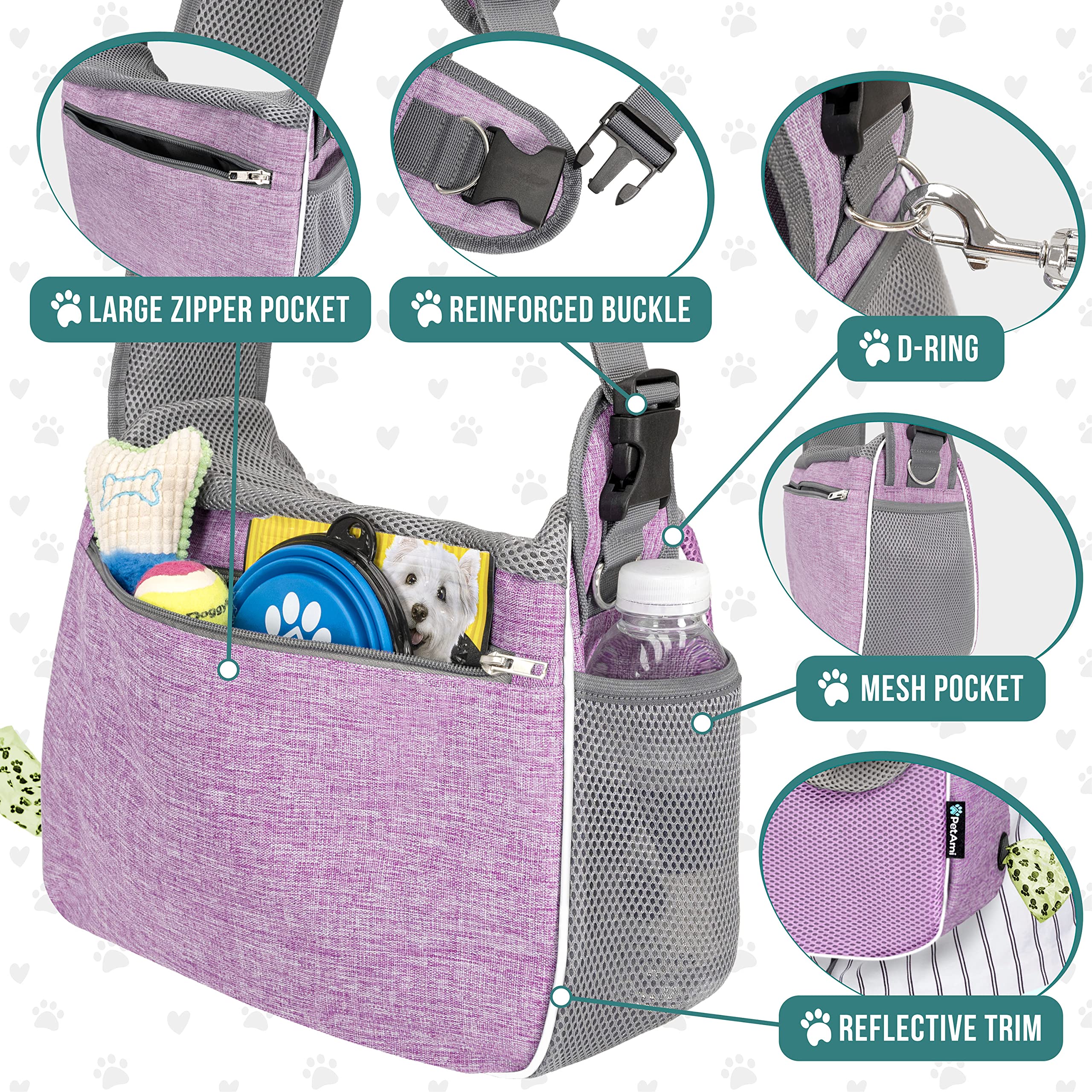 PetAmi sling con dispensador de bolsas, práctico para paseos.