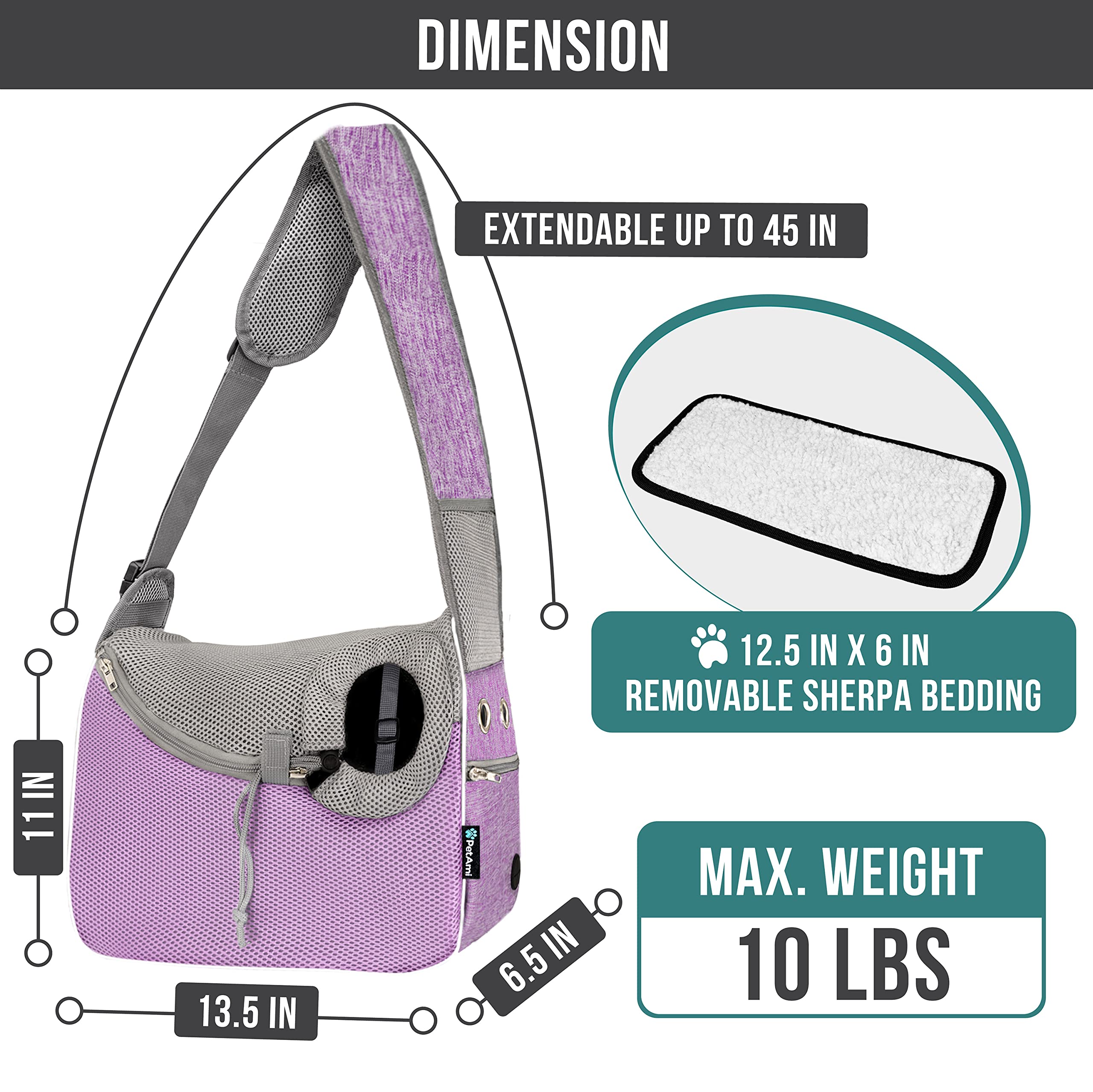 PetAmi sling para perro pequeño morado, vista lateral, soporte estable durante caminatas.
