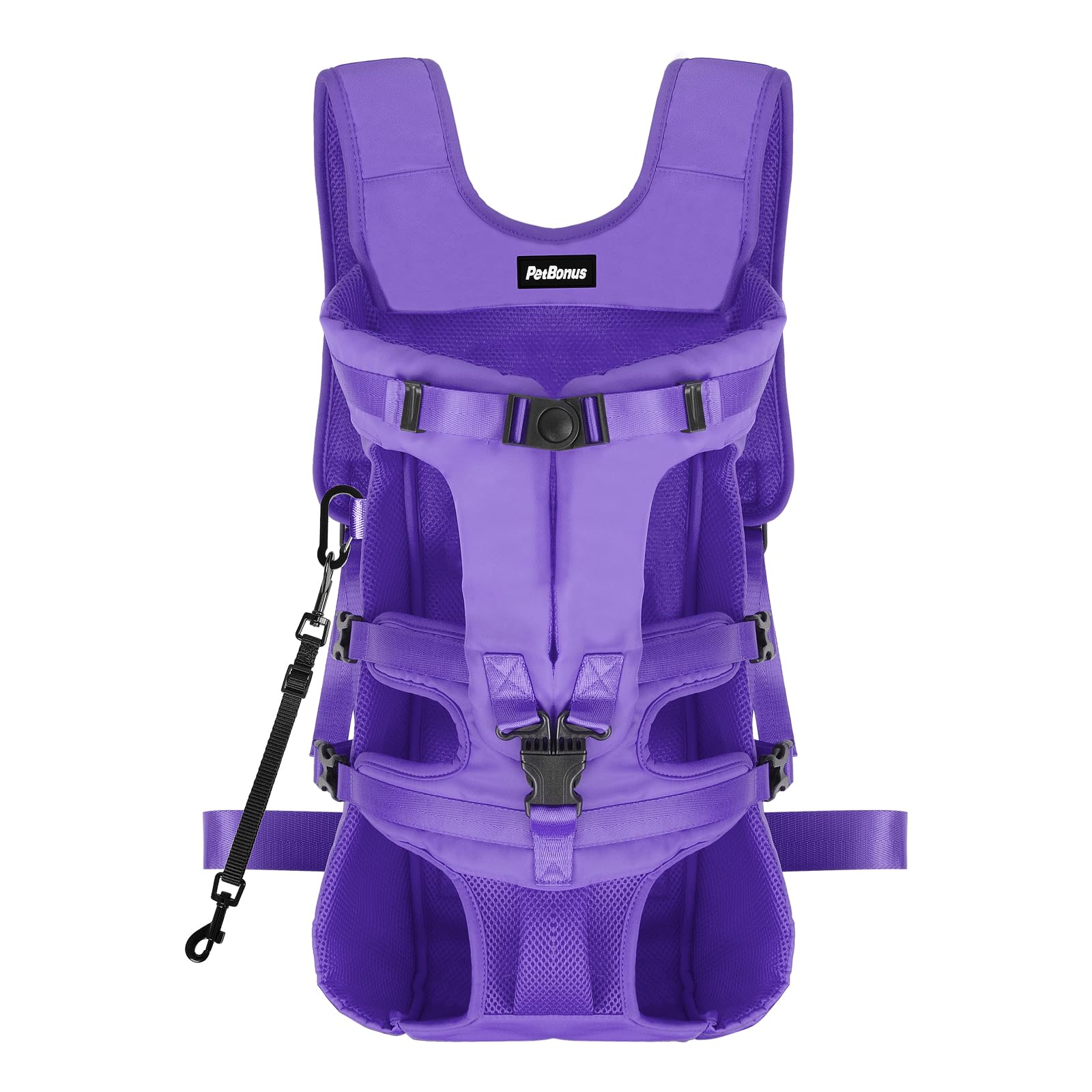 PetBonus mochila frontal morada para perros, ideal para senderismo sin manos.