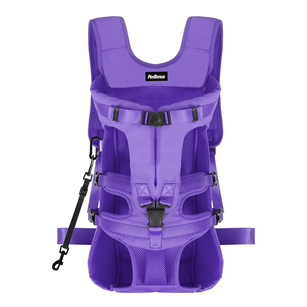PetBonus mochila frontal morada para perros, ideal para senderismo sin manos.