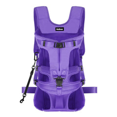 PetBonus mochila frontal morada para perros, ideal para senderismo sin manos.
