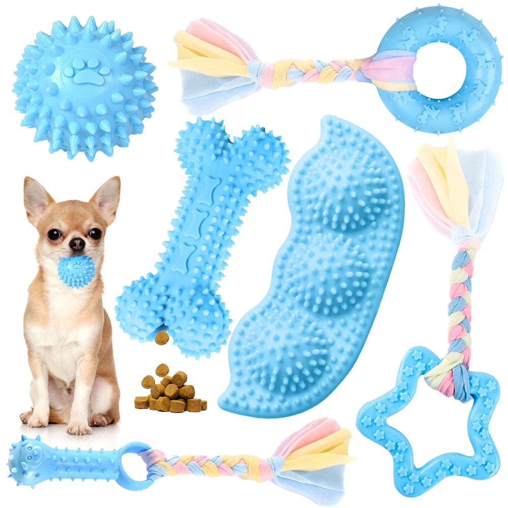 Petcare juguetes masticables para cachorros azules, ideal para calmar la ansiedad y entretenerse.