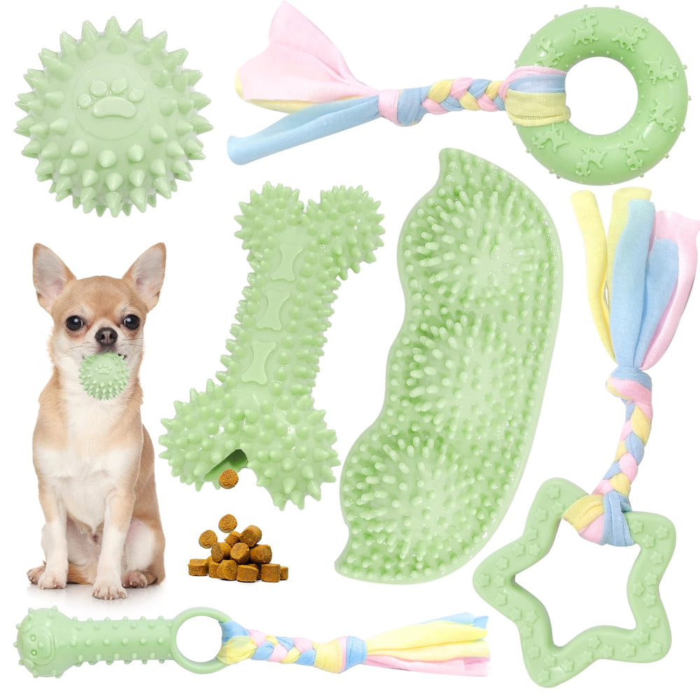 Petcare: conjunto de seis juguetes para cachorros pequeños en verde, mantiene ocupados y estimula el juego.