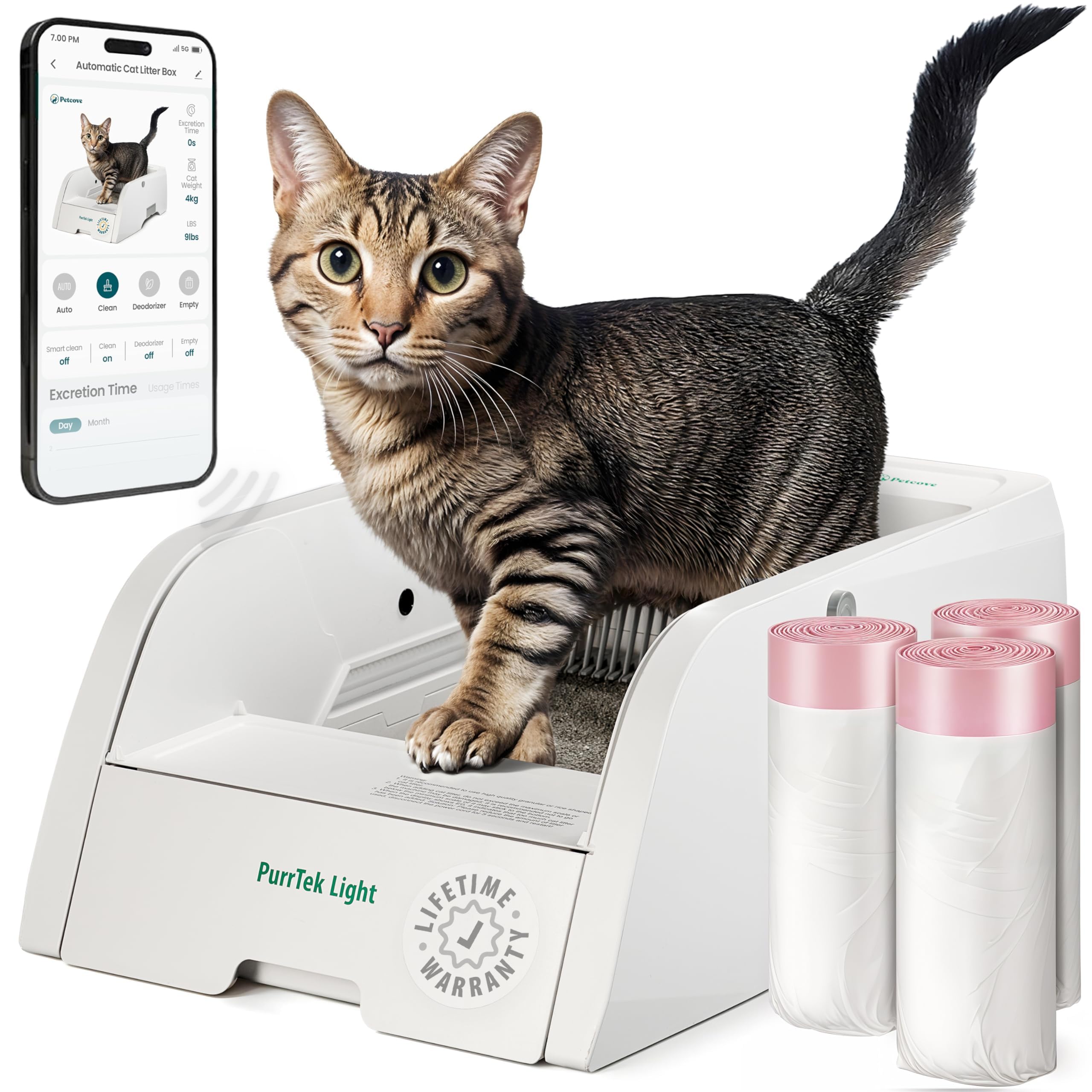 Petcove PurrTek Light: caja de arena automática para gatos, limpieza constante y control desde la aplicación móvil.