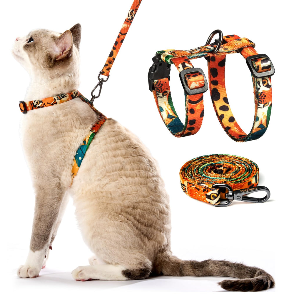 Gato con arnés PetThem a prueba de escape naranja para paseos seguros.