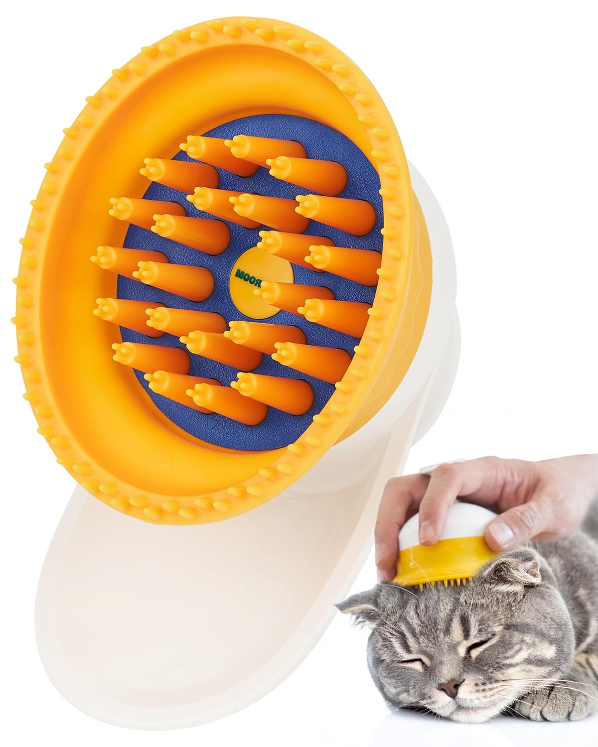 Cepillo PETHROOM para gatos en la mano, masaje suave para piel sensible.
