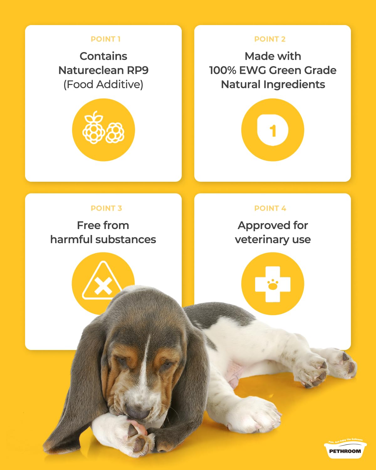 Ingredientes naturales de PETHROOM para patitas suaves.