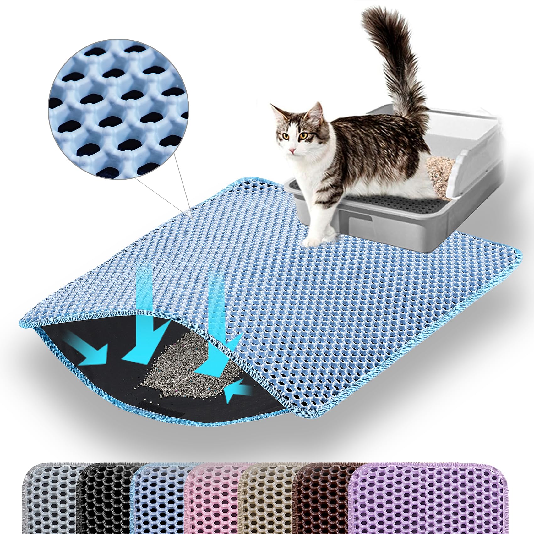 Tapis Petinstinct bleu 24x18 devant la litière, capture les débris.