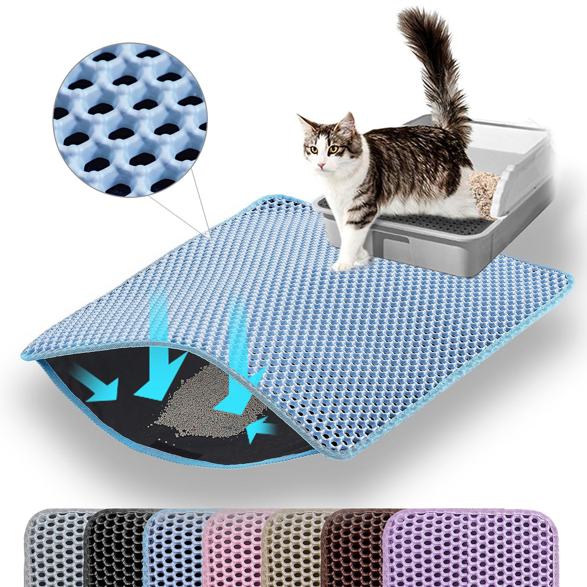 Tapis Petinstinct bleu 24x18 devant la litière, capture les débris.