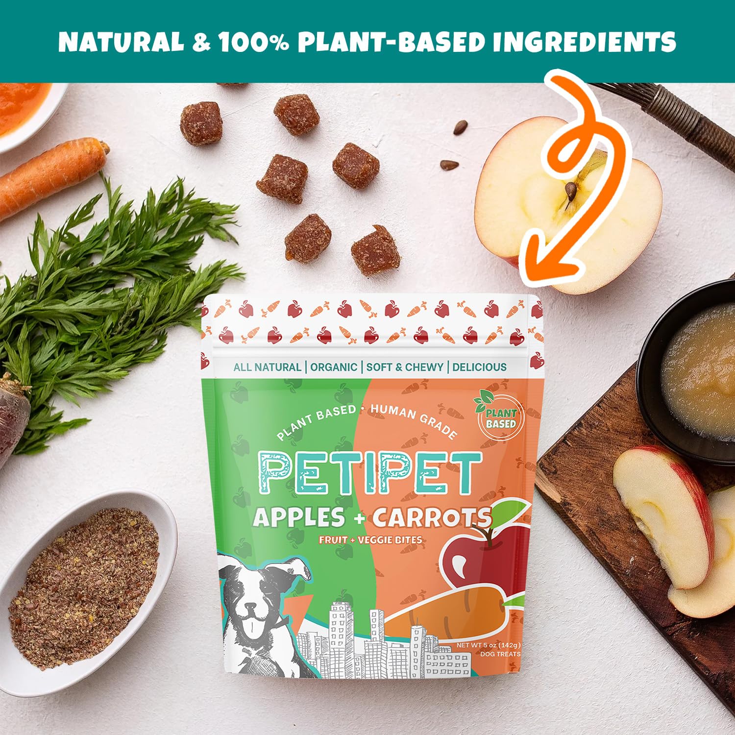 PETIPET ingrediente real de fruta en primer plano, snack vegetal para perros.